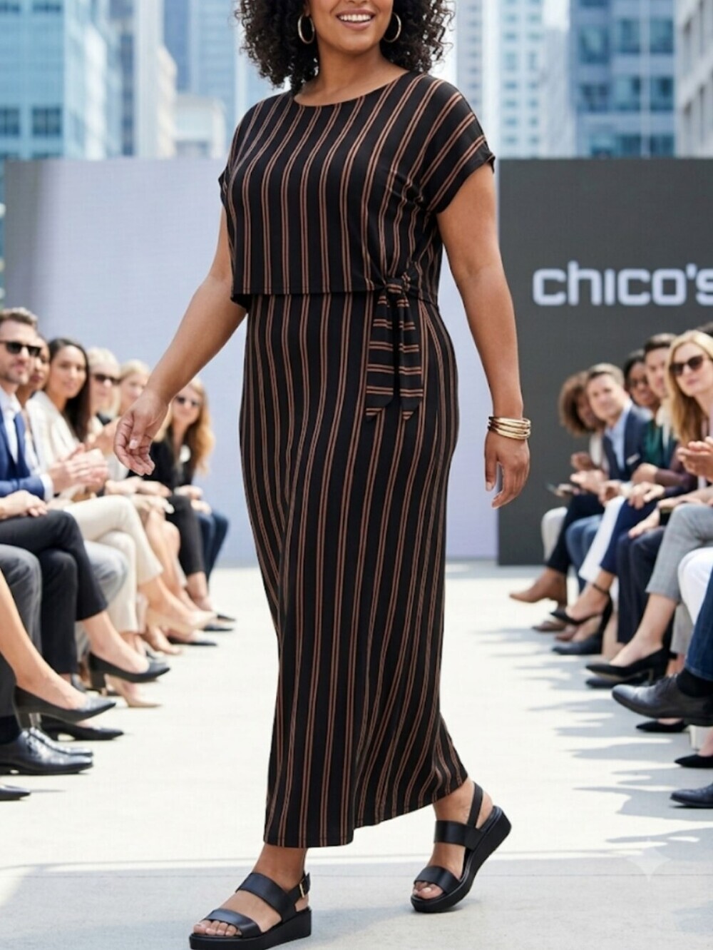 Chico's Black Striped Tie-Waist Maxi Dress Size 3 (XL)